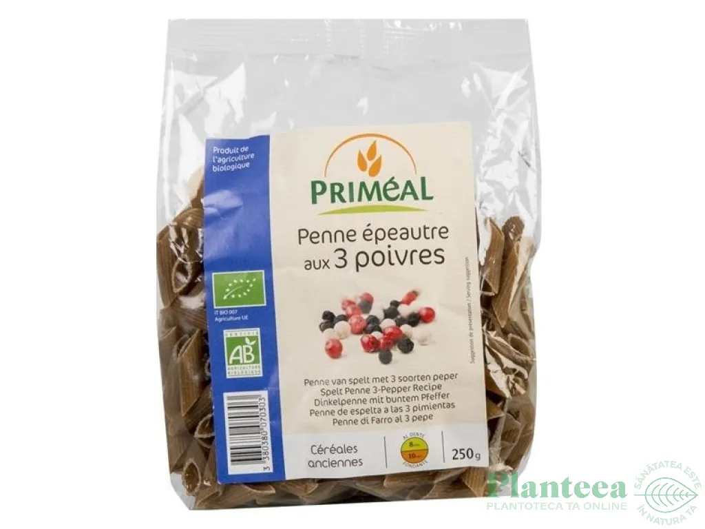 Paste penne spelta 3 soiuri piper eco 250g - PRIMEAL