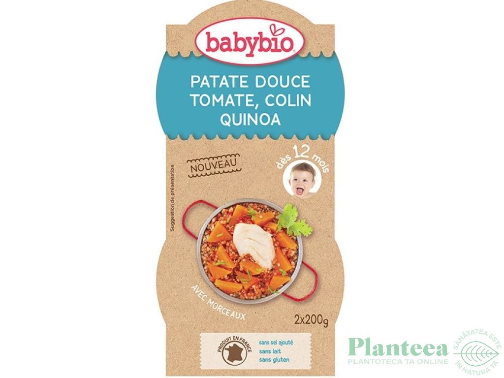 Piure cartofi dulci tomate cod quinoa bebe +12luni eco 2x200g - BABYBIO