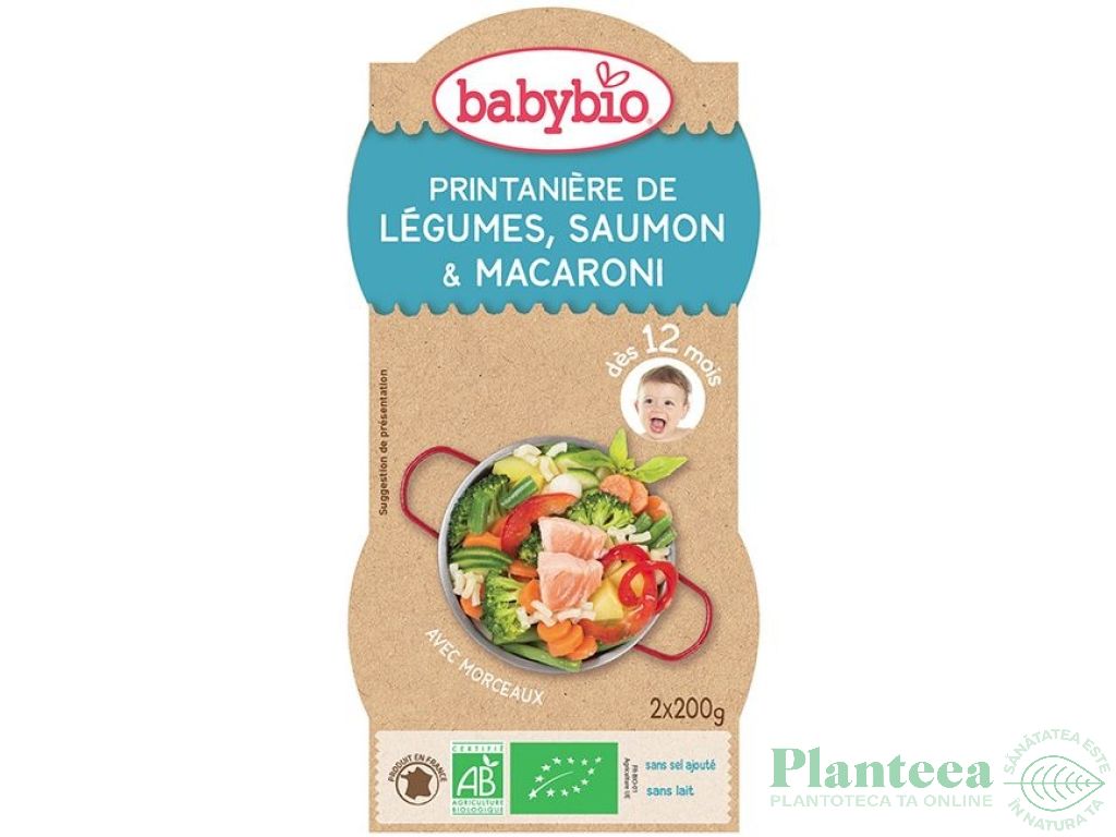 Piure legume primavara somon macaroane bebe +12luni eco 2x200g - BABYBIO