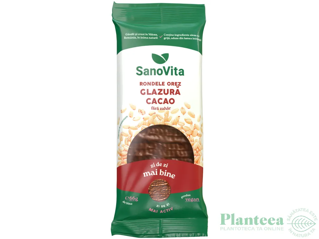 Rondele expandate orez glazura cacao fara zahar 66g - SANOVITA