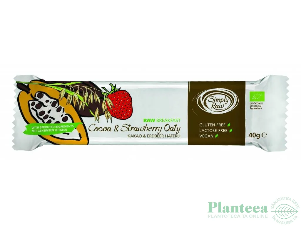 Baton breakfast capsuni cacao ovaz raw bio 40g - SIMPLY RAW