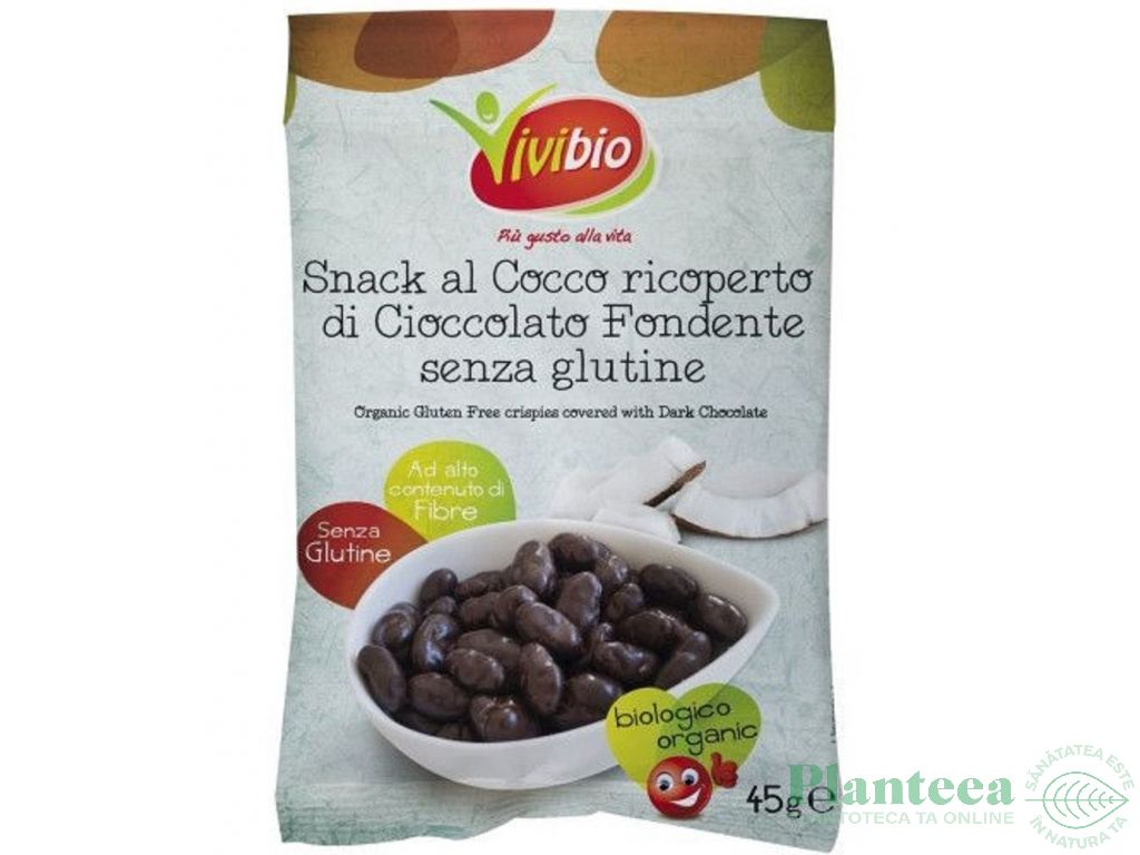 Snacks cocos confiat ciocolata amaruie fara gluten eco 45g - VIVIBIO