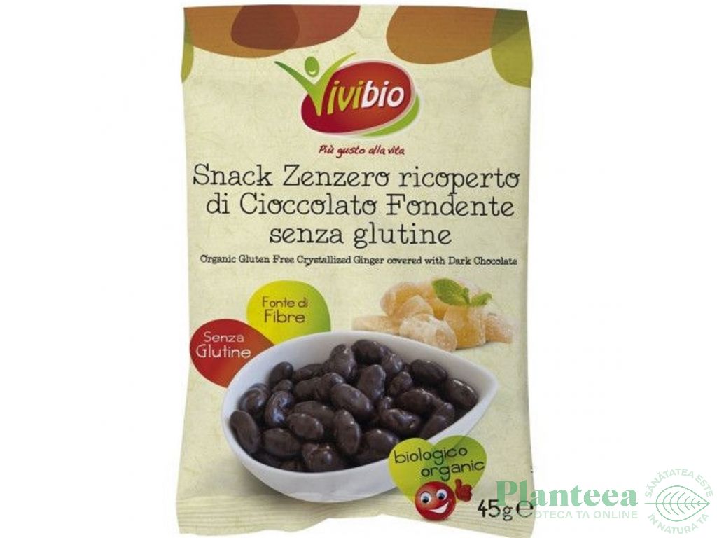 Snacks ghimbir confiat ciocolata amaruie fara gluten eco 45g - VIVIBIO