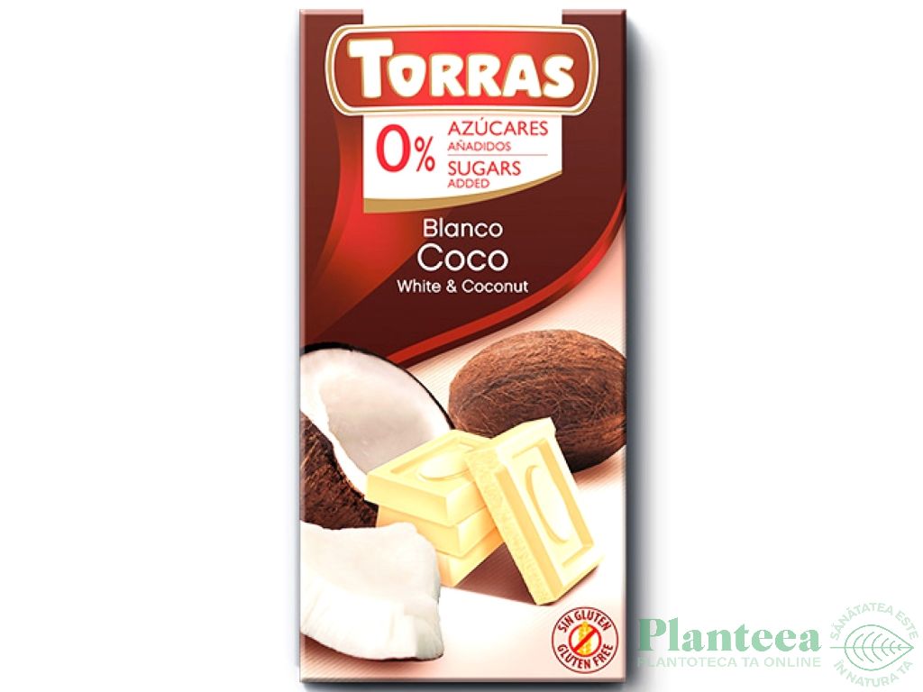 Ciocolata alba cocos fara zahar fara gluten 75g - TORRAS