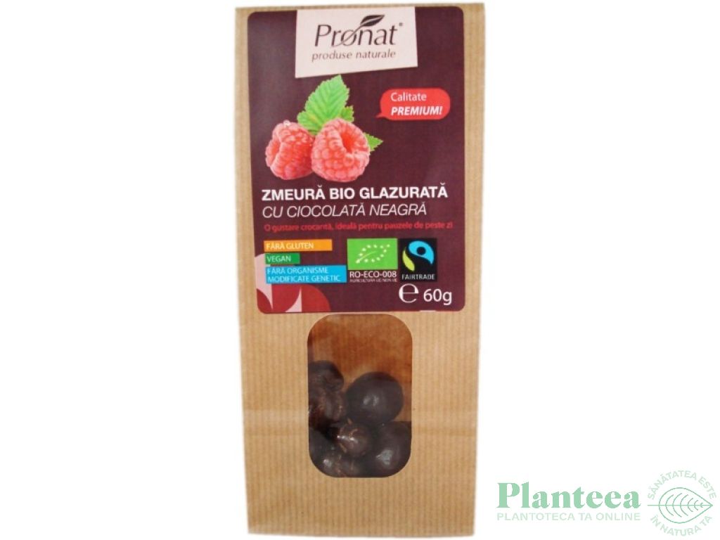 Boabe zmeura invelite ciocolata neagra eco 60g - PRONAT