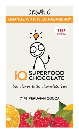 Ciocolata neagra 71% zmeura portocale eco 35g - IQ CHOCOLATE