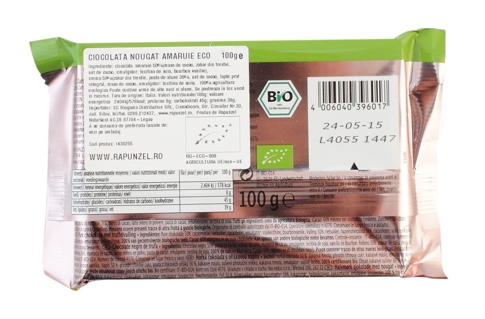 Ciocolata amaruie cu crema nuga eco 100g - RAPUNZEL
