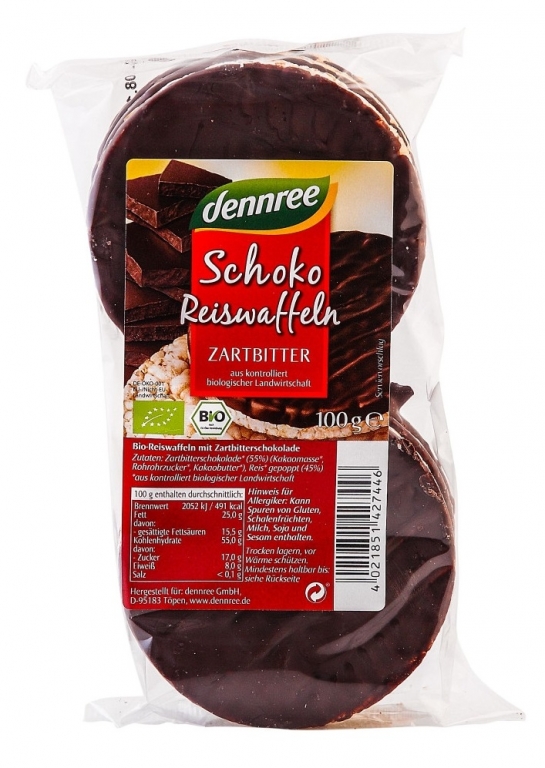 Rondele expandate orez ciocolata amaruie fara gluten eco 100g - DENNREE