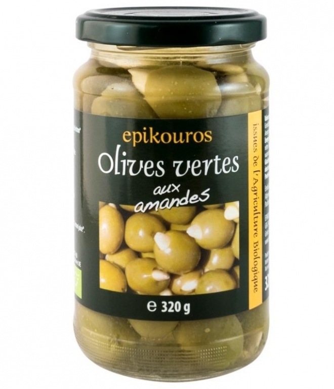 Masline verzi fara samburi umplute cu migdale in saramura eco 320g - EPIKOUROS