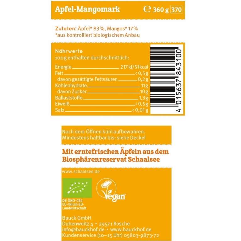 Piure mere mango fara zahareco 360g - BAUCK HOF