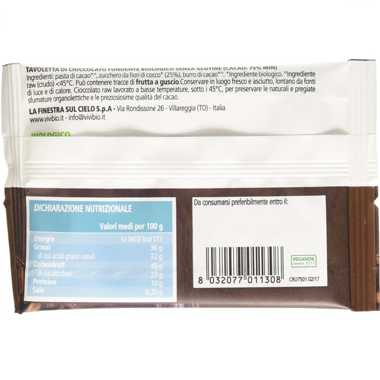 Ciocolata cruda 75%cacao fara gluten eco 30g - VIVIBIO