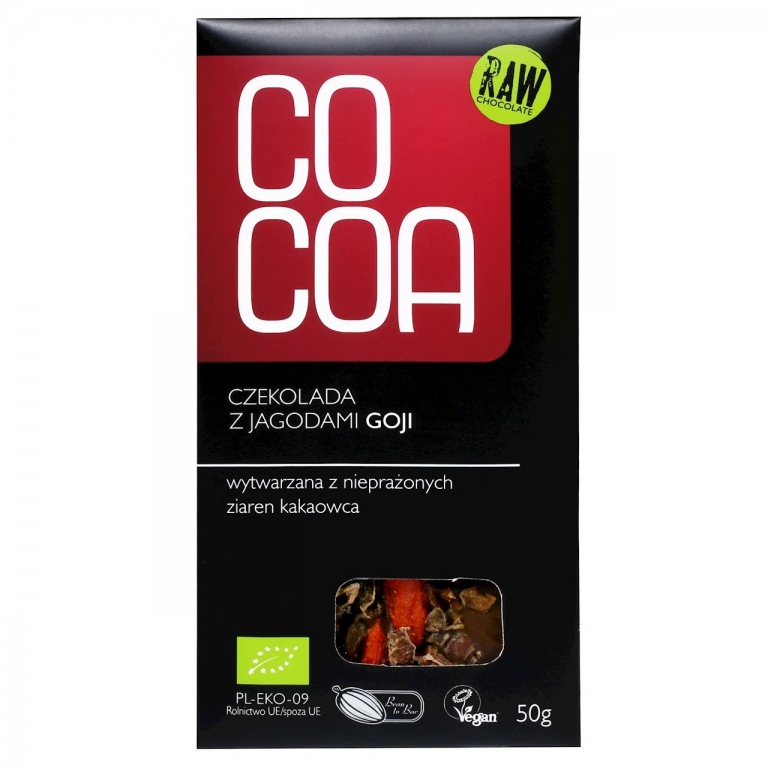 Ciocolata neagra 65% boabe cacao goji raw eco 50g - COCOA