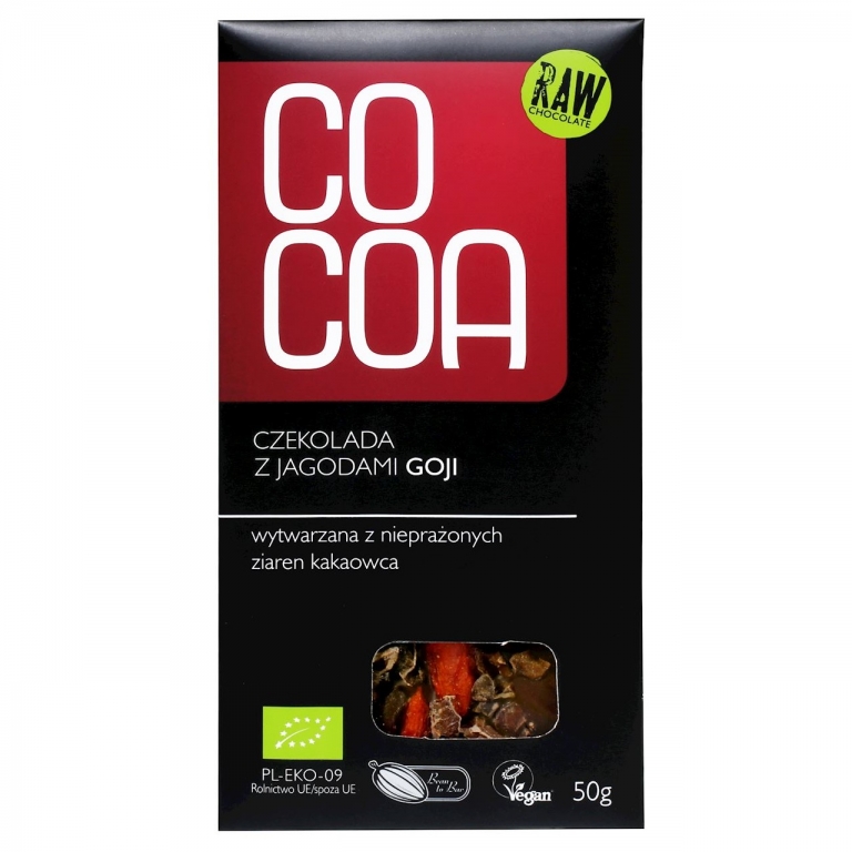 Ciocolata neagra 65% boabe cacao goji raw eco 50g - COCOA