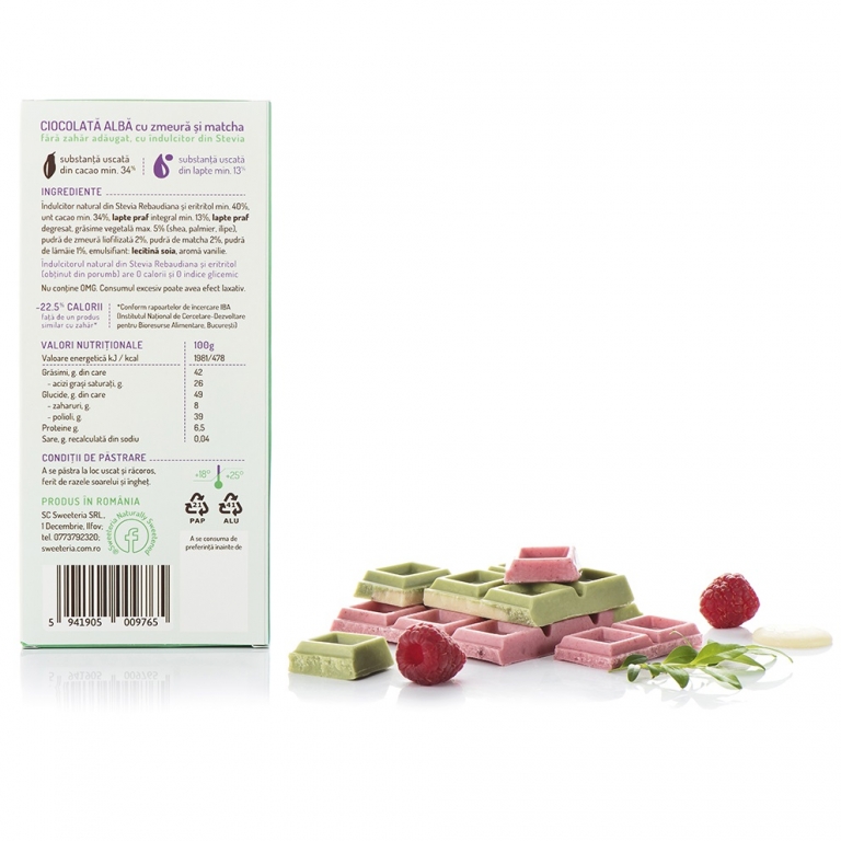 Ciocolata alba zmeura matcha fara zahar 100g - SWEETERIA