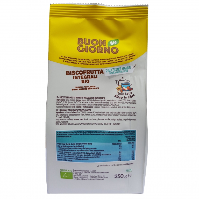 Biscuiti BuongiornoBio grau integral fructe eco 250g - LA FINESTRA SUL CIELO