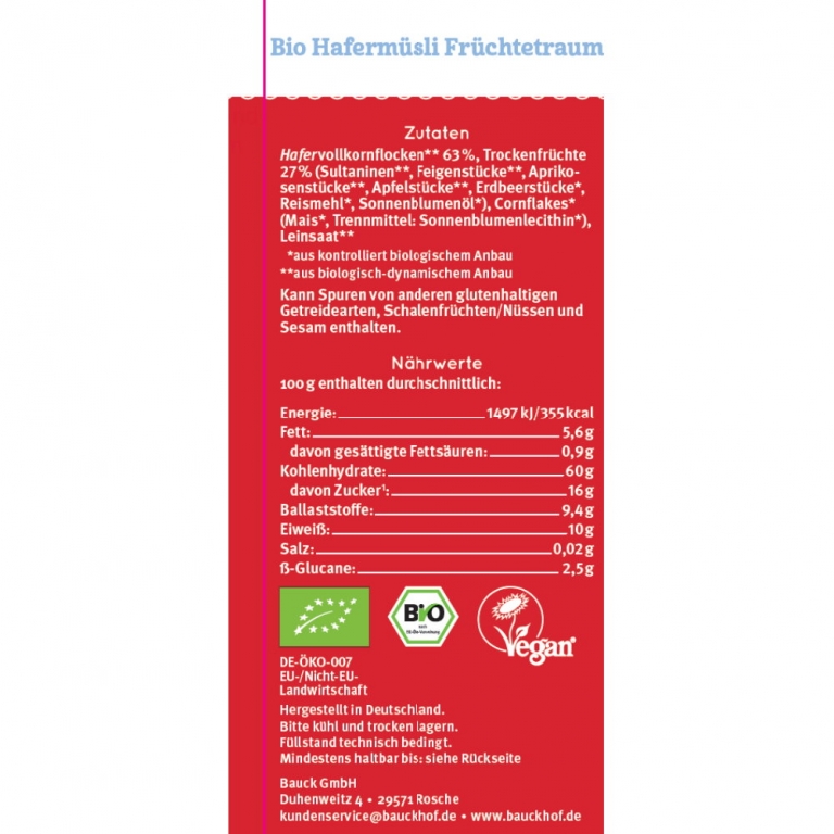 Musli ovaz fructe neindulcit bio 425g - BAUCK HOF