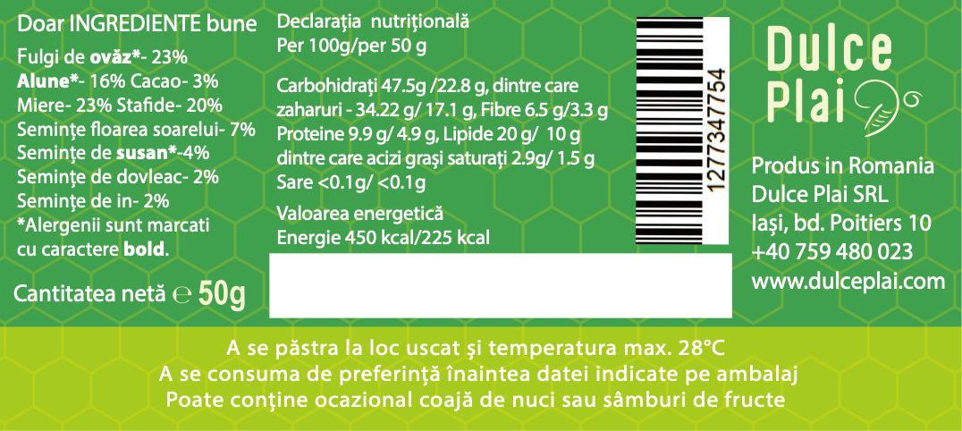 Baton nutritiv miere alune cacao 50g - BATONASH