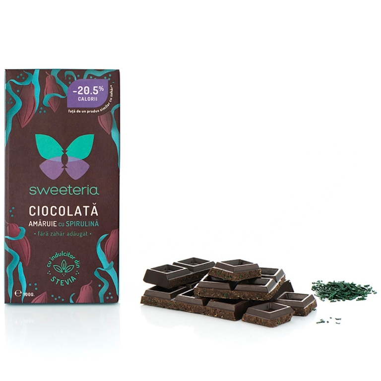 Ciocolata amaruie 70%cacao spirulina fara zahar 100g - SWEETERIA