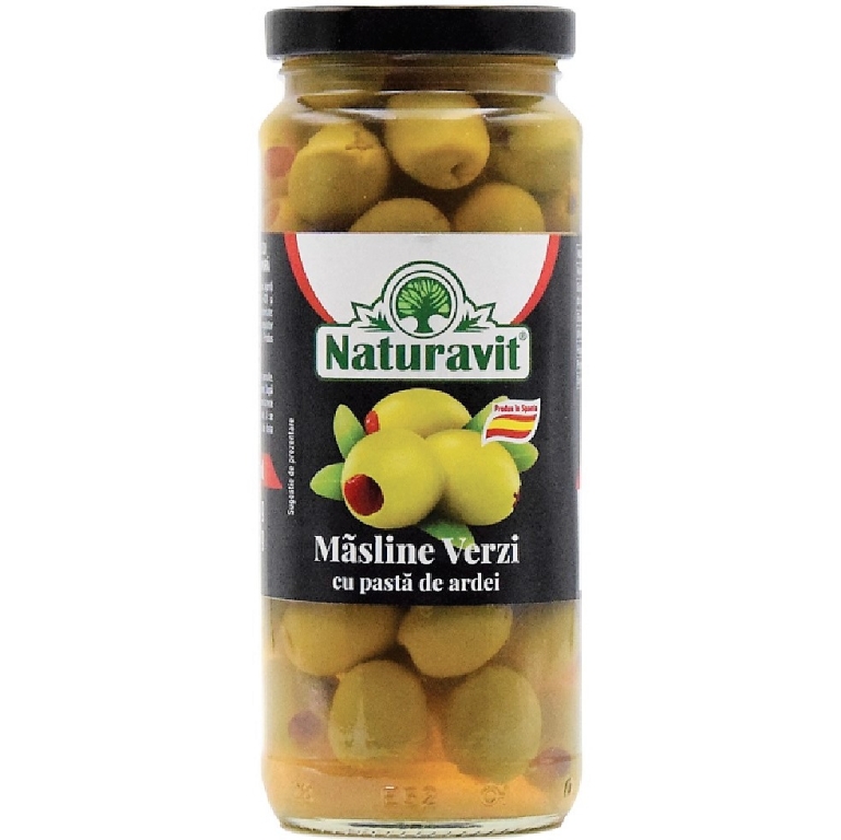 Masline verzi umplute cu pasta ardei in saramura 340g/366ml - NATURAVIT