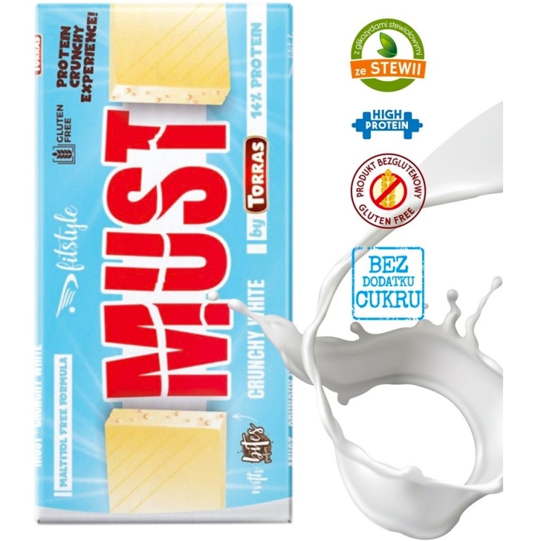 Ciocolata alba crunchy white 14% proteine soia fara zahar fara gluten Must 100g - FITSTYLE