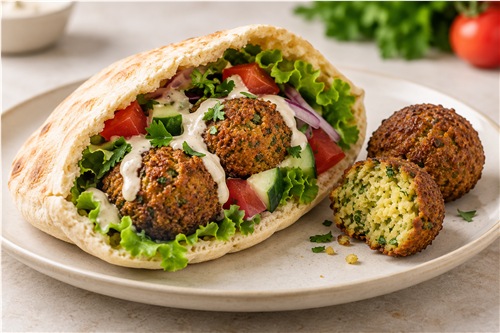 Falafel în lipie cu salată, roșii și sos tahini – sugestie de servire
